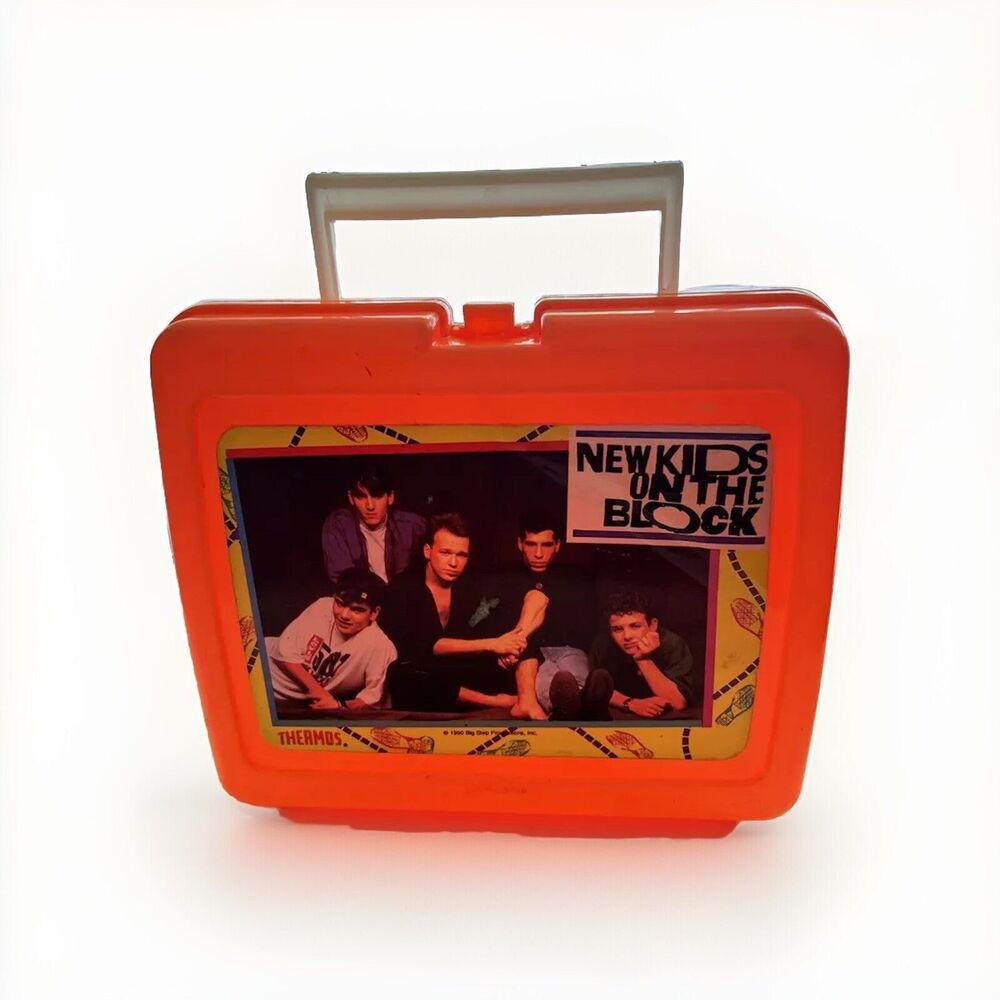 1990 "New Kids On The Block" Hard Plastic Lunch Box Orange *No Thermos*